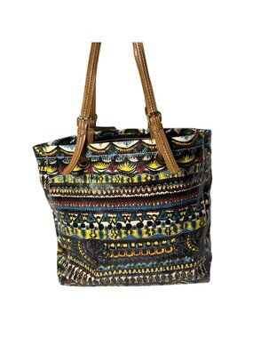 Stack Roots Multicolor Graphics Tote Bag With Brown Handles